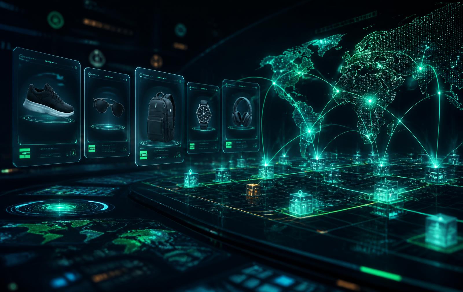 Réseau mondial de fournisseurs e-commerce visualisé en hologramme